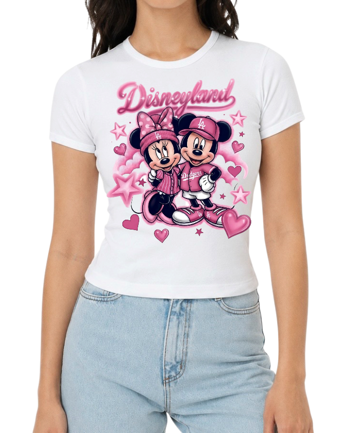pink disneyland x dodgers women’s fitted tee